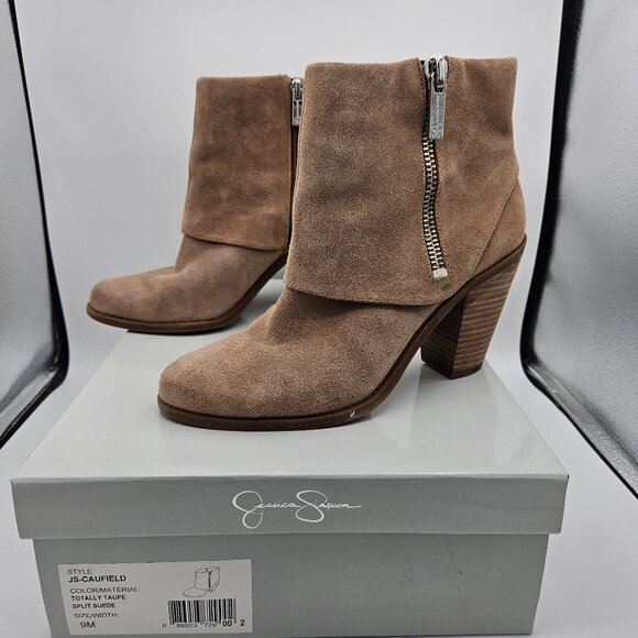 Jessica Simpson Totally Taupe Split Suede Ankle Boots Size 9 (JS-CAUFIELD) - Picture 1 of 8